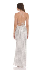 Polka Dot Open Back Maxi Dress in White