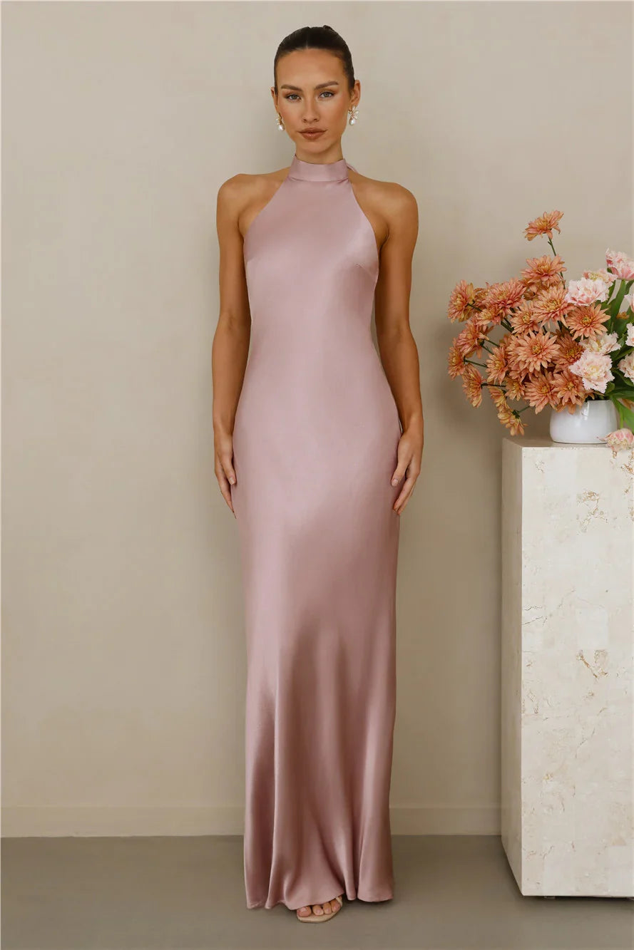 The Cleo Halter Satin Maxi Dress Dusty Pink