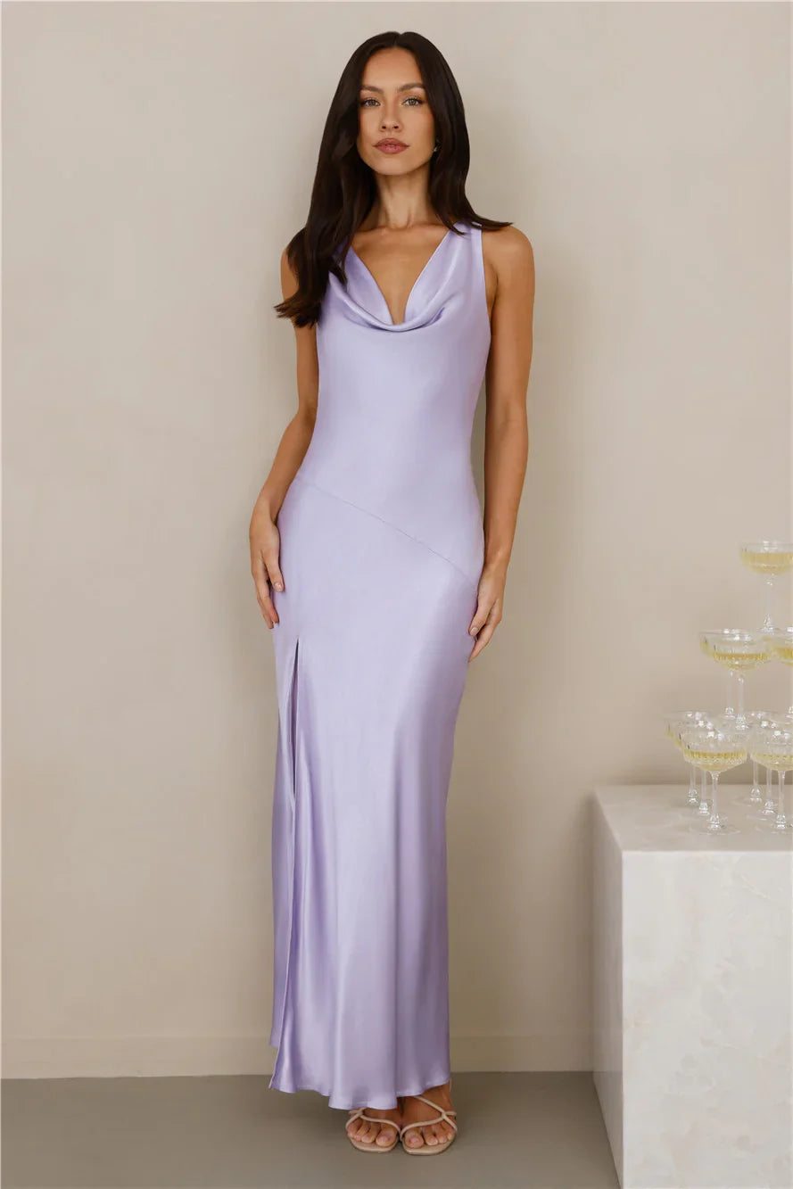 The Loretta Cowl Satin Maxi Dress Lilac