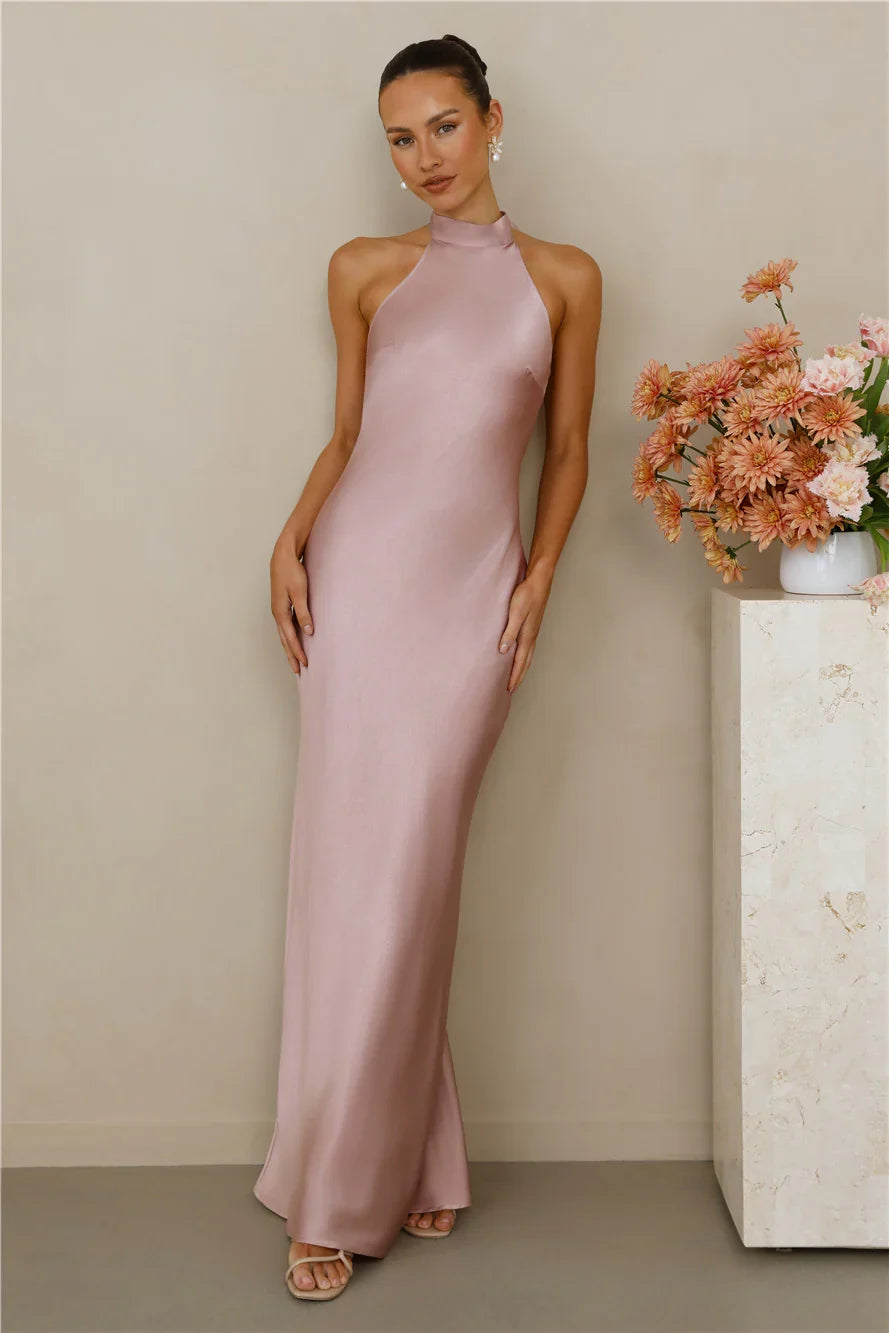 The Cleo Halter Satin Maxi Dress Dusty Pink